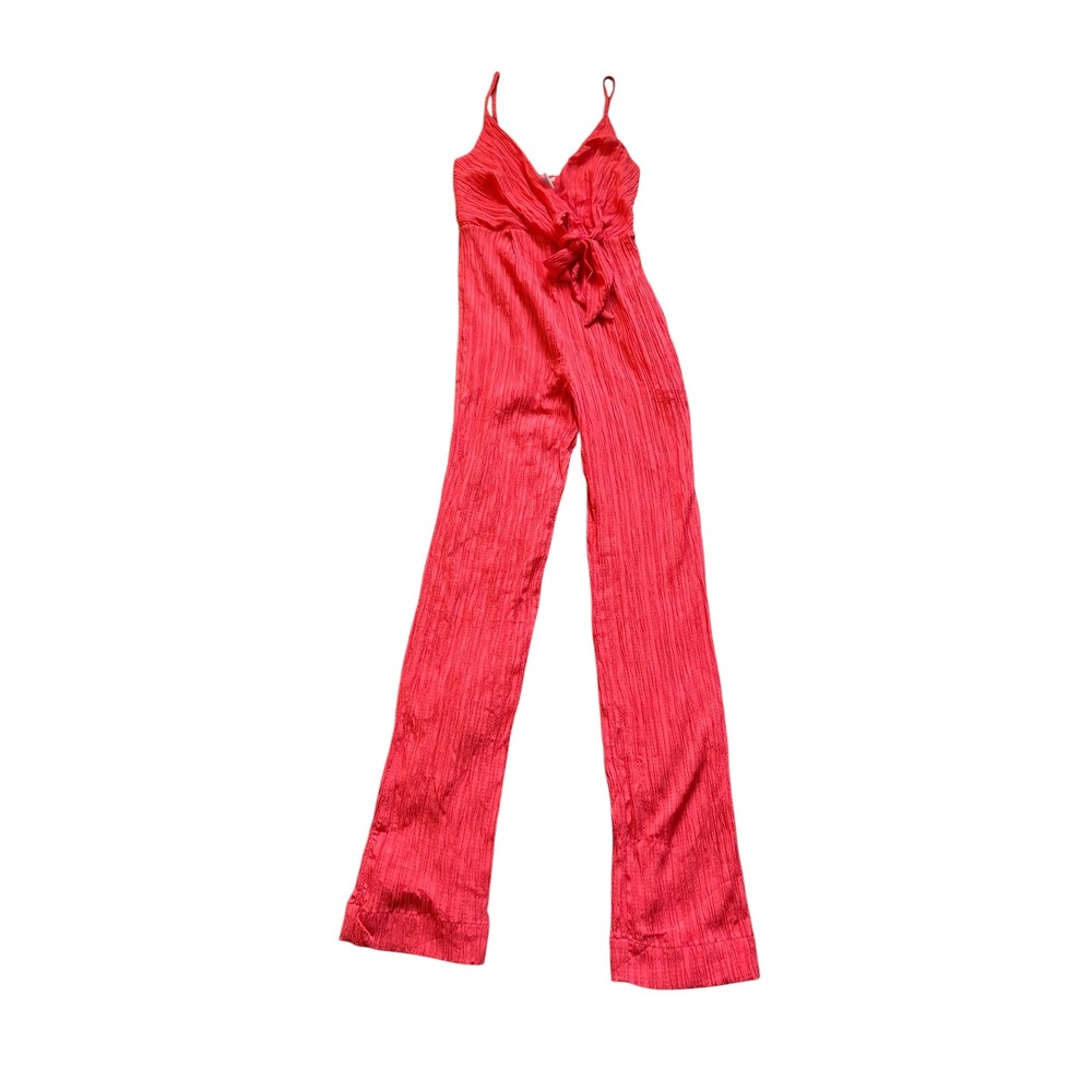 Love Fire Coral Red Tie Front Jumpsuit Women's Small Crinkle Wide Leg Spaghetti